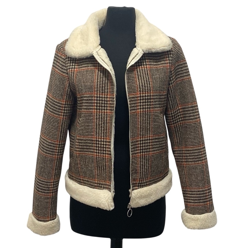 Houndstooth Plaid Brown Orange Tan Zip Up Bomber Jacket - Like New - L